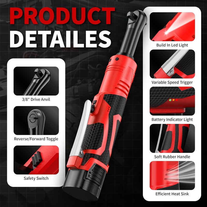 FULLYEA Cordless Electric Ratchet Wrench Set, 40 Ft-lbs, 550 RPM Power Ratchet,16.8V electric ratchet 3/8" drive with Variable Speed, 1/4" Adapter, LED Light, 2*2.0Ah Li-ion Batteries and Fast Charger - Image 2
